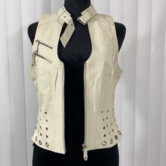 BLANC NOIR Sample Peek A Boo Leather Studded Grommet Vest Pockets Bone White S - Picture 5 of 13